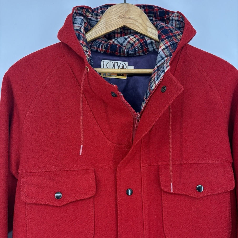 VTG 70s Lobo Pendleton Women 40 Hooded Red Wool Coat Plaid Grunge Chore Barn M - Picture 2 of 10